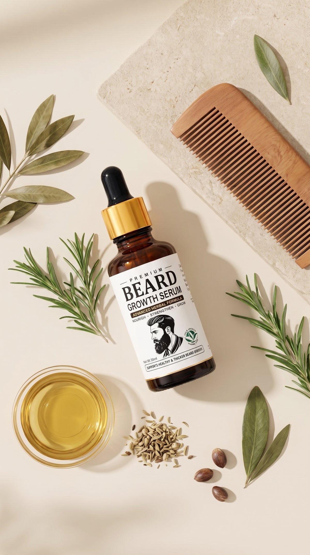 Beard Oil and grooming tools including a comb and natural ingredients for beard care.