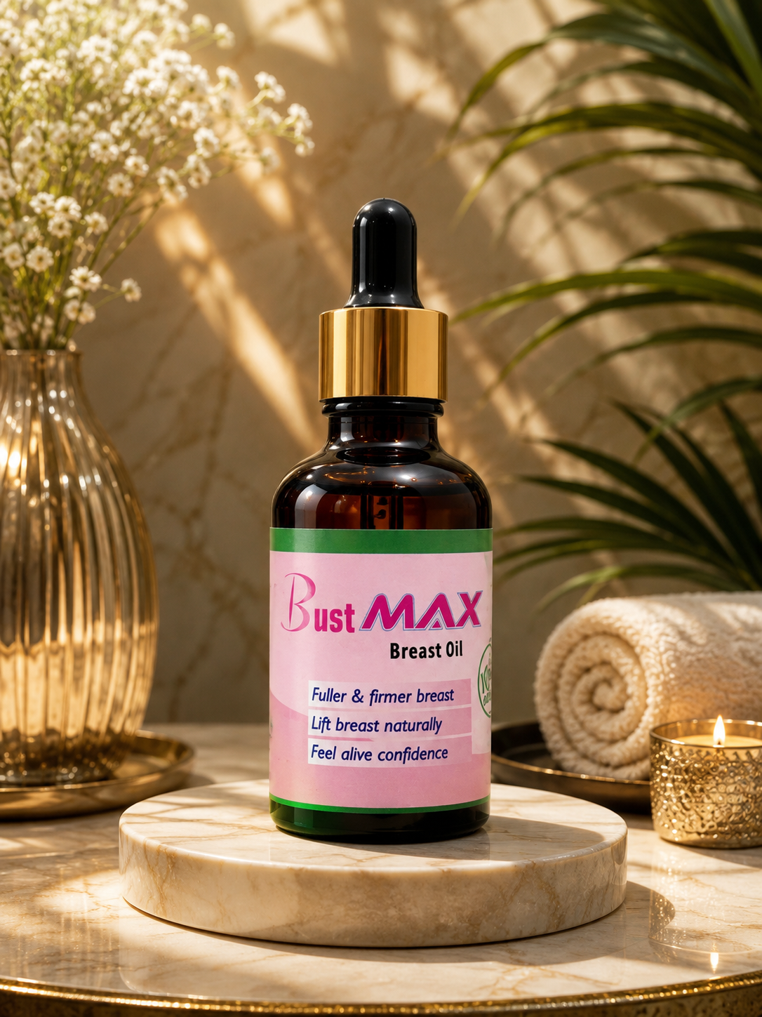 Bust Max Breast Oil bottle on a marble table, promoting fuller and firmer breasts, enhancing natural lift and confidence.
