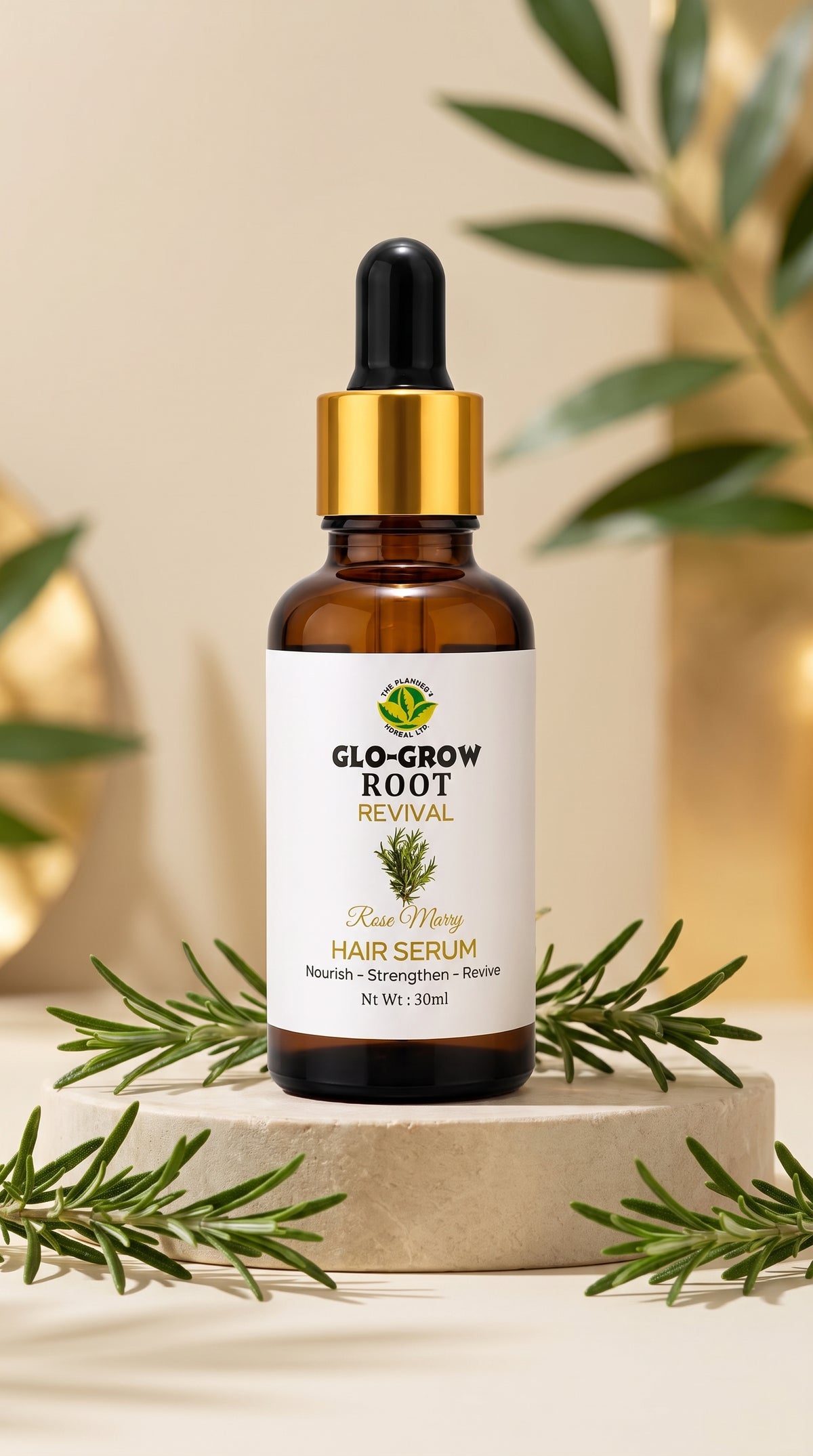 Glo Grow Roots Revival Serum hair serum in a dropper bottle with natural elements for scalp care.