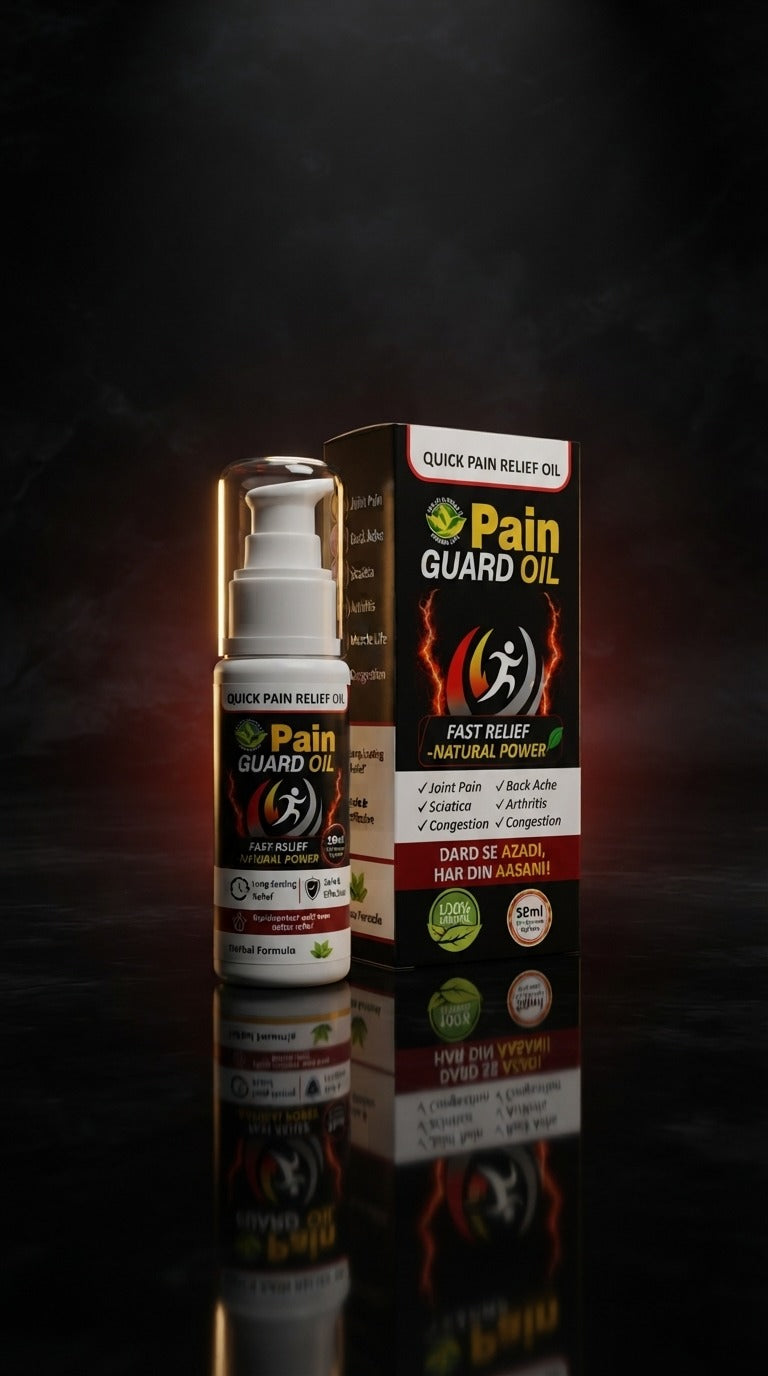 Pain Guard Oil bottle and packaging showcasing fast relief natural power for soothing massage and body care.