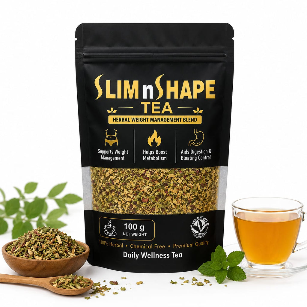Slim N Shape Tea herbal tea blend for daily wellness with loose leaves and a cup of  tea.