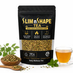 Slim N Shape Tea herbal tea blend for daily wellness with loose leaves and a cup of  tea.