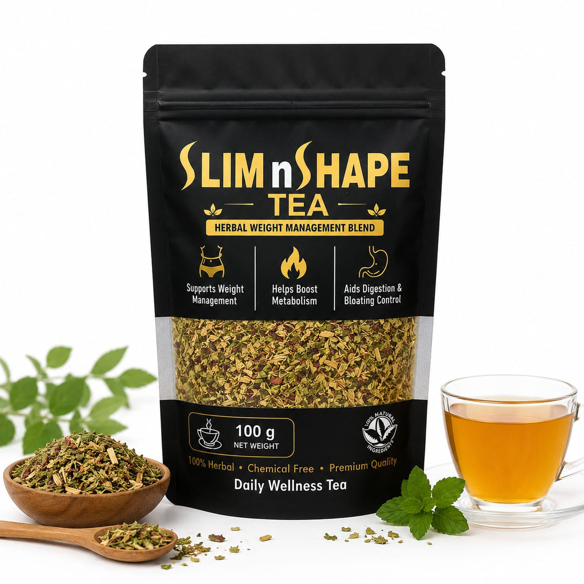 Slim N Shape Tea herbal tea blend for daily wellness with loose leaves and a cup of  tea.