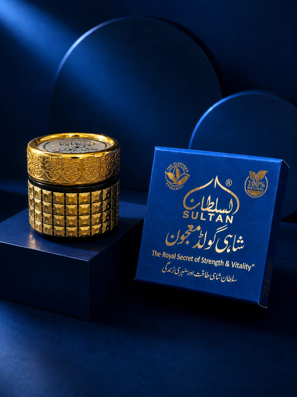 Shahi Gold Majoon Tester herbal wellness product in decorative packaging on a blue display.
