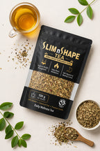 Slim N Shape Tea herbal tea blend for daily wellness with loose leaves and a cup of brewed tea.