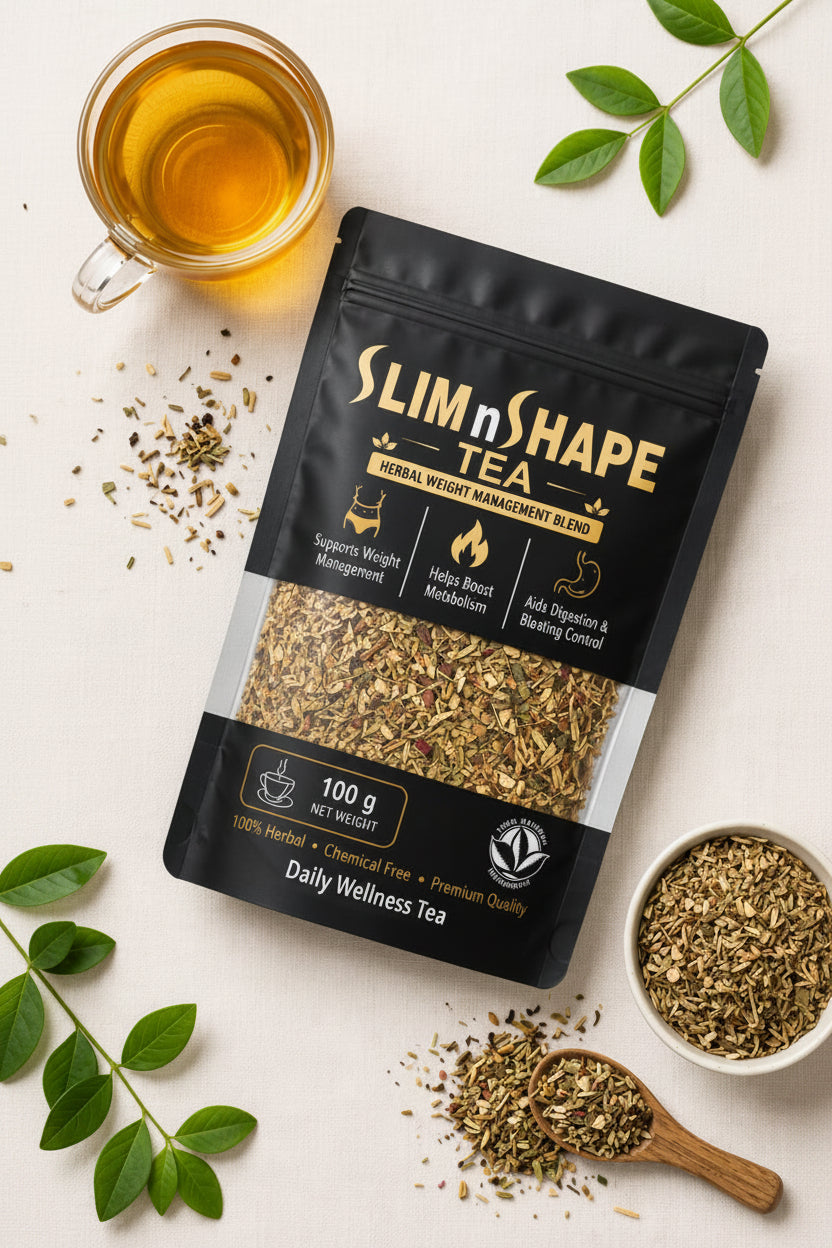 Slim N Shape Tea herbal tea blend for daily wellness with loose leaves and a cup of brewed tea.