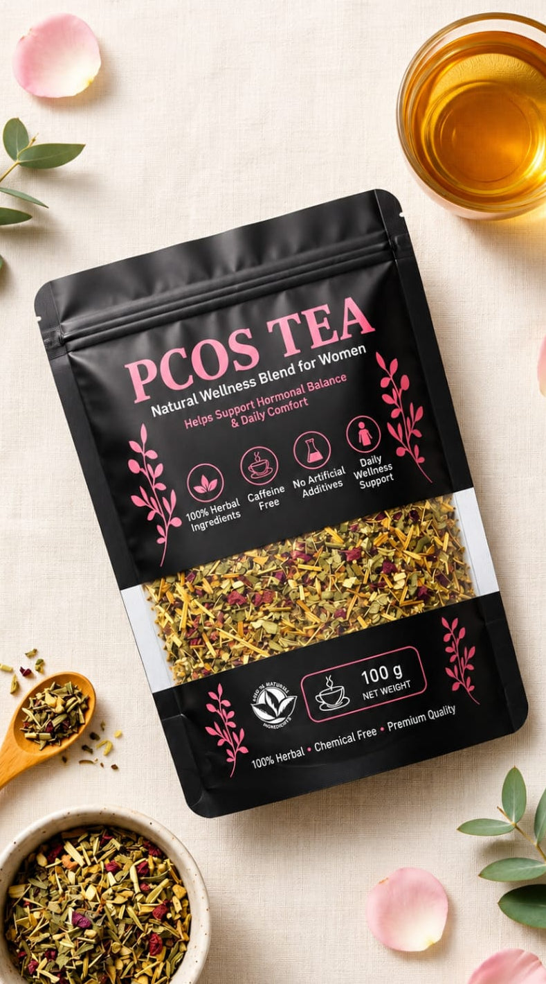 PCOS Tea herbal wellness blend for women promoting daily support, caffeine-free, 100g package on a natural background.