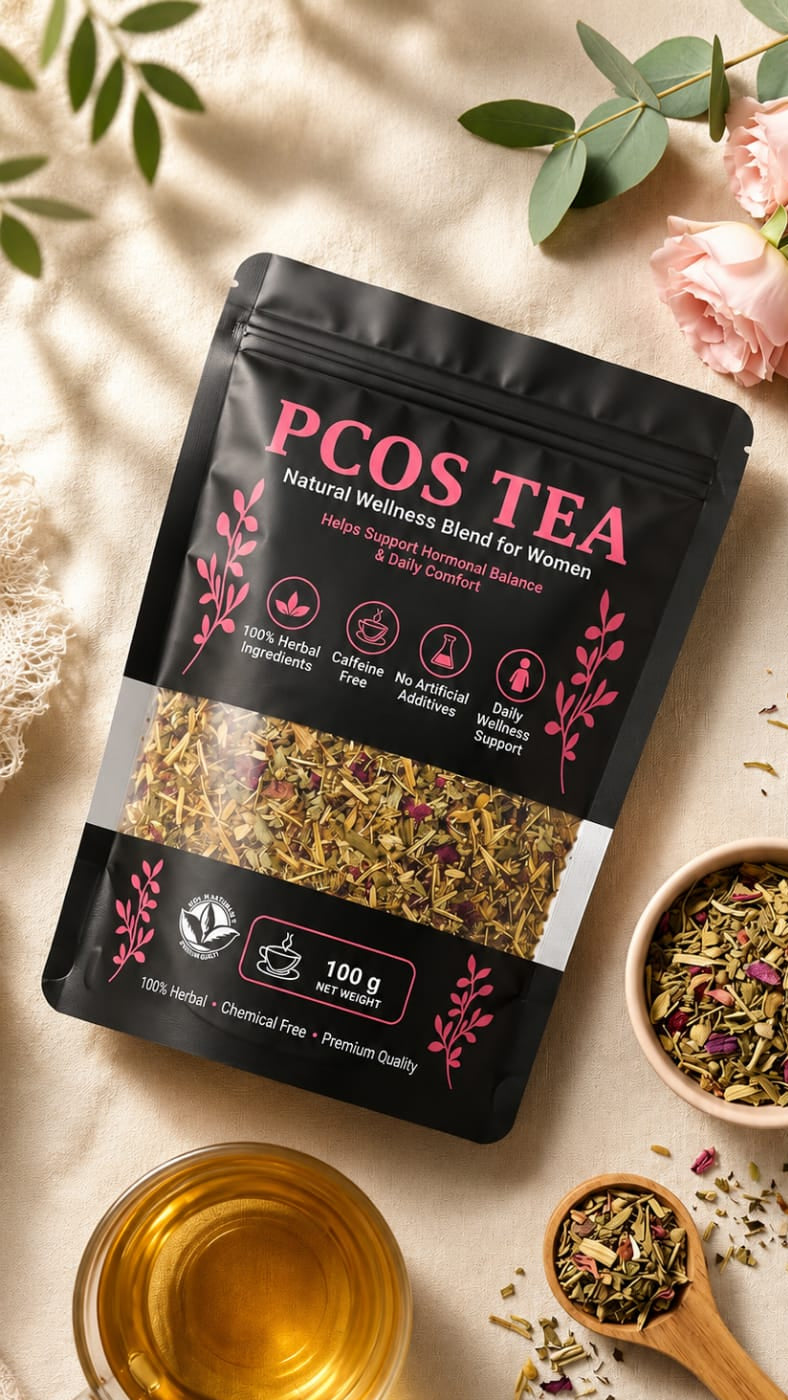 PCOS Tea herbal wellness blend for women promoting daily support, caffeine-free, 100g package on a good background